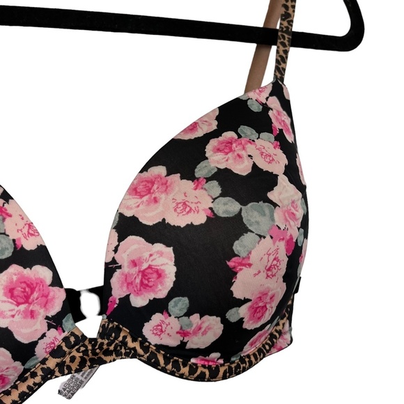 VICTORIA'S SECRET PUSH UP Black Pink Floral Leopard Print Underwire Bra 34DD - Picture 13 of 16